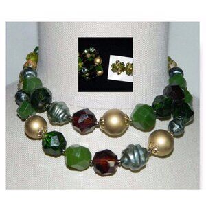 VTG WESTERN GERMANY Gold Tone Brown Green Plastic Beaded Demi Parure Set